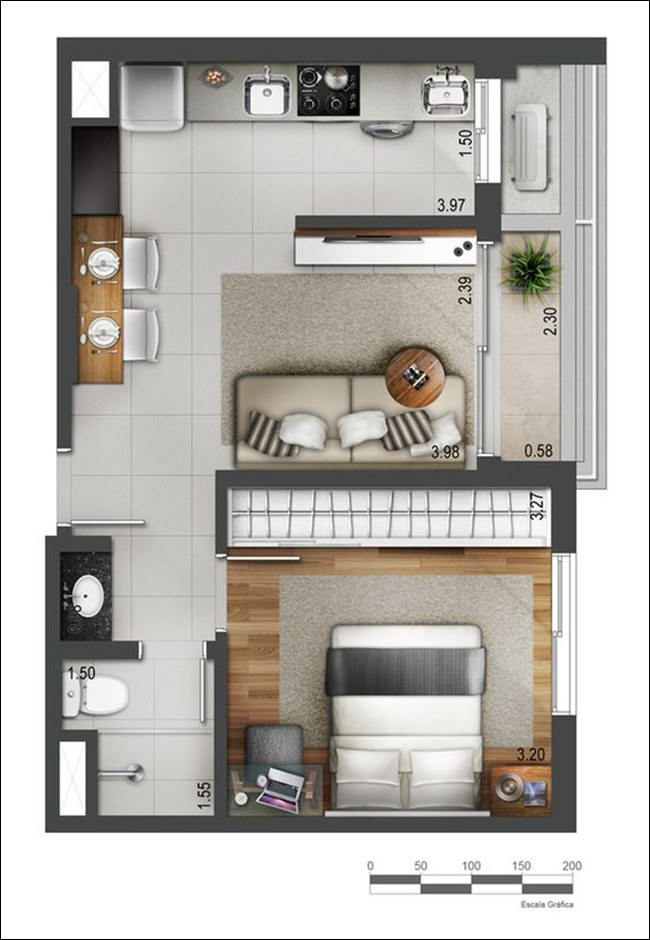 thiết kế nhà đơn giản hiện đại 1 phòng khách 1 phòng ngủ