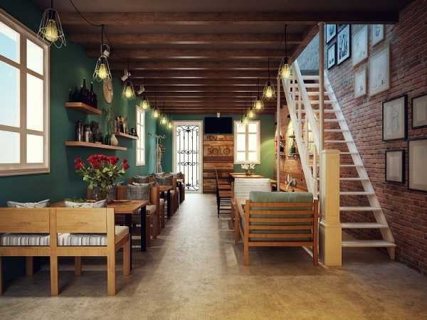 Màu gỗ nâu đặc trưng và hoa văn cổ điển cũng được sử dụng triệt để và hài hòa trong thiết kế quán cafe 