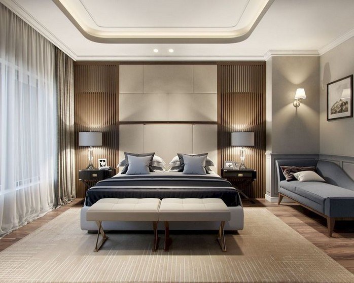 Những thanh gỗ dọc kết hợp với bức tranh đầu giường tạo điểm nhấn cho phòng ngủ 