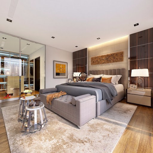 Ngoài sàn gỗ, thảm trải sàn cũng là một thiết kế khá phổ biến trong phòng ngủ chính.
