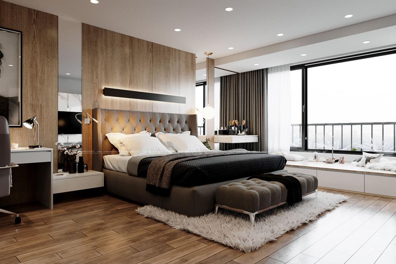 Thiết kế phòng ngủ Master nổi bật với phần đầu giường bằng gỗ. 