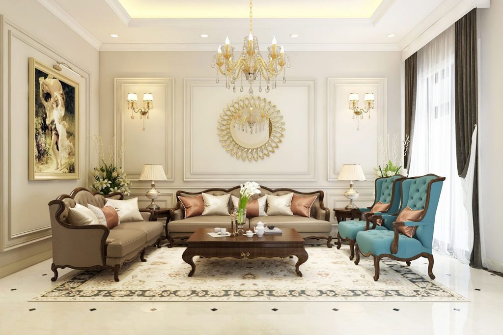Căn phòng nổi bật bởi bộ sofa kiểu Pháp, gam màu nhẹ nhàng tạo nên sự sang trọng, quý phái.