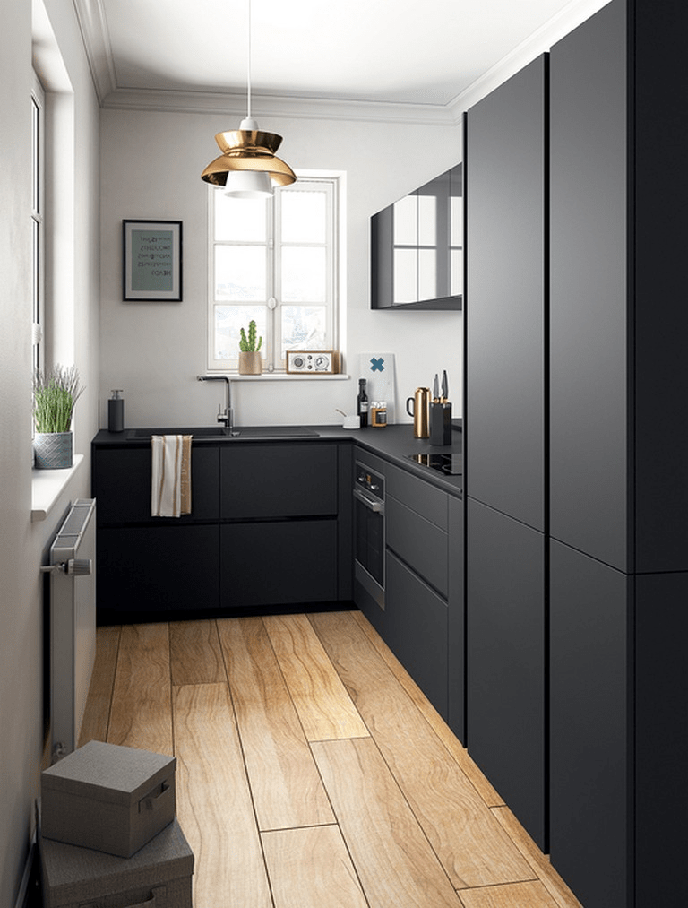 Thiết kế nội thất phòng bếp với 2 gam màu đen - trắng chủ đạo. 