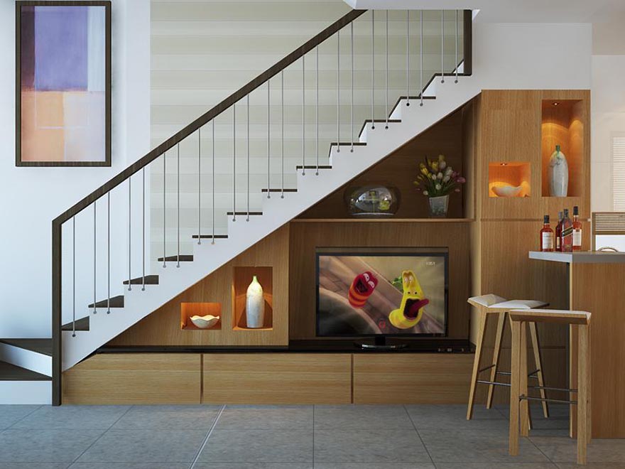 Thiết kế kệ tivi dưới gầm cầu thang cũng là một ý tưởng tiết kiệm diện tích độc đáo cho nhà phố nhỏ