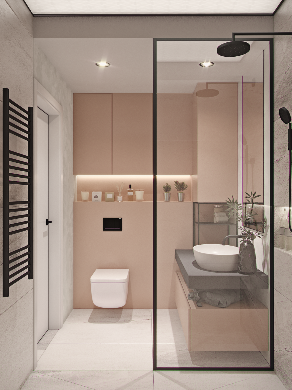 Nhà vệ sinh nhỏ đẹp, sang trọng với bồn cầu treo tường và nội thất phòng tắm gọn gàng, sạch sẽ